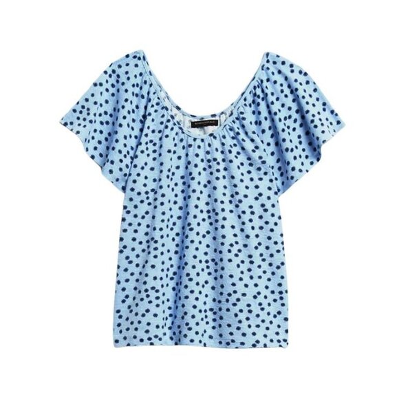 🤩Women's Blouse Sz XXS Petite Banana Republic Scoop-Neck Flutter Blue flowers - Picture 1 of 7